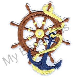 May include: Embroidered patch featuring a ship's wheel in brown, a blue anchor, and a yellow rope. The patch has a white border and is designed with nautical elements. Ideal for jackets, bags, or other fabric items.