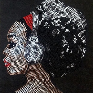 Afro Women Lady Girl with Earphones Hot Fix Heat Press Transfer Motif Applique DIY Iron on Rhinestone Transfer Bling Motif Applique DIY