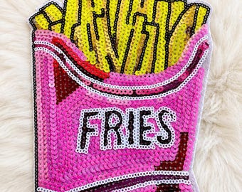 Sequin Fries Patch, French Fries Iron On Patch, Pink Food Patch, Cute Fast Food Applique, Foodie Gift, Jacket Backpack Hat Patch