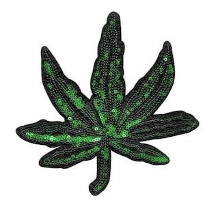 May include: Green and black sequined marijuana leaf patch. The leaf is made of green sequins with a black outline.