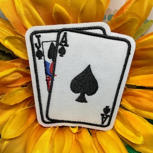 Blackjack Ace and Jack of Spades Embroidered Patch • Las Vegas Poker Playing Cards Badge • Retro Casino Iron On Custom Applique