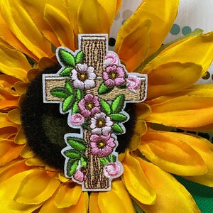Embroidered Floral Wooden Cross Patch • Cute Easter Christian Flower Badge • Iron On Religious Botanical Custom Applique 2W x 3H”