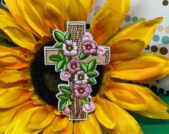 Embroidered Floral Wooden Cross Patch • Cute Easter Christian Flower Badge • Iron On Religious Botanical Custom Applique 2W x 3H”