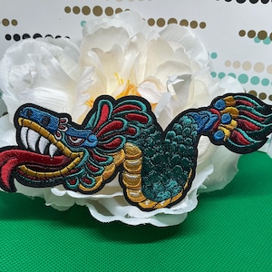Quetzalcoatl Feathered Serpent Patch Iron On Embroidered Aztec Dragon Badge Mayan Mythology Applique Sew On jacket decal (6Wx2.5L”)