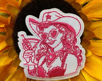 Cowgirl & Cocktail Iron On Patch, Trucker Hat Patch, Western, Jacket, Bookbag, Iron On Patch, Embroidered Patch