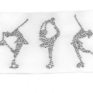 May include: Three silver rhinestone iron-on patches in the shape of figure skaters. The patches are designed to be ironed onto fabric.