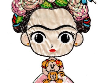 Frida-Inspired Embroidered Sequin Patch, Floral Girl Iron On Applique, Mexican Folk Art Patch, Cute Boho Jacket & Tote Bag Patch