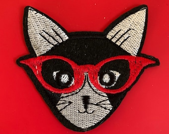 Cat with Red Glasses Iron On Patch Bag Patch Hat Patch, Cats Patch, Animal Patches Clothing Accessories for Cat Mom