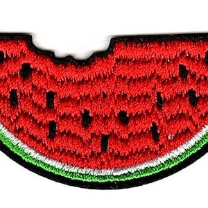 May include: A red watermelon slice with black seeds and a green rind. The watermelon is partially eaten, with a bite taken out of the top.