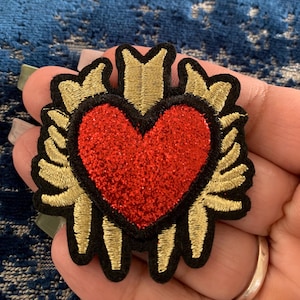 Red Heart Iron on Patch, Embroidered, Sacred Heart, vibrant colors, Red and Gold Heart