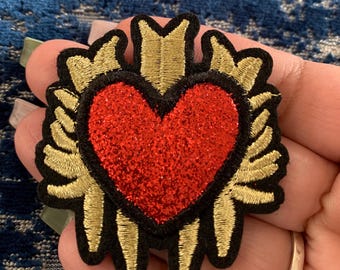 Red Heart Iron on Patch, Embroidered, Sacred Heart, vibrant colors, Red and Gold Heart