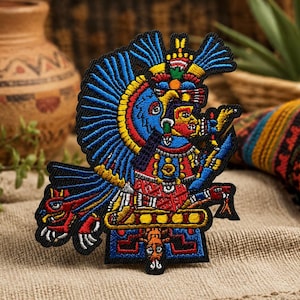 Aztec God Huitzilopochtli Embroidered Iron On Patch, Mexican Mythology Warrior Applique, Colorful Badge, Sew On (3" x 4")