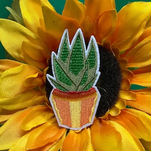 May include: Embroidered patch featuring a green aloe vera plant in a striped orange and yellow pot. The patch has a white border and is set against a yellow sunflower.