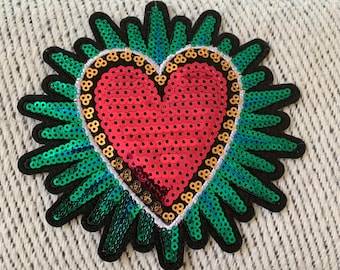 Heart Patch, Sequin Heart Iron on Patch, Embroidered, Sacred Heart, vibrant colors