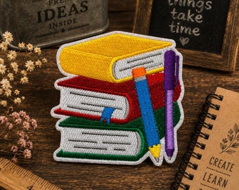 Stack of Books Embroidered Patch, Pencil Pen Iron On Applique, Teacher School Patch, Book Lover Badge, Back to School Backpack Patch
