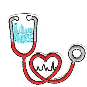 May include: Red and gray embroidered iron-on patch of a stethoscope with a heart and the text "Future Nurse".
