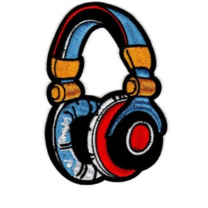 May include: A black and white embroidered patch of a pair of headphones. The headphones are blue, red, and yellow.