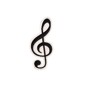 May include: A black treble clef patch with a white border. The musical symbol is embroidered on a white background. The patch is a decorative element for clothing, bags, or other fabric items. The design is simple and elegant.