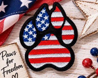 American Flag Paw Print Iron On Patch, Patriotic Dog Paw Embroidered Applique, USA Red White Blue Patch for Jackets Bags Hats Shirts