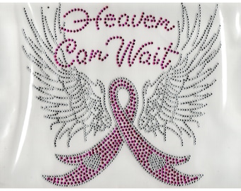 Survivor Pink Ribbon Rhinestone Heaven Can Wait Transfer Iron On Hot Fix Motif Bling Applique DIY Cancer October Awareness