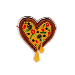 May include: A heart-shaped embroidered patch with a pizza design. The pizza is yellow with red, green, and black toppings. The crust is brown and the cheese is dripping down the sides.