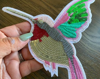 Hummingbird Applique Patch, Pink, Green and Gold, Embroidery Patch Iron On or Sew On