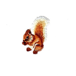 May include: A brown and white embroidered squirrel patch. The squirrel is sitting on its haunches with its tail curled up behind it.