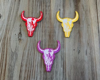 Longhorn Patch, Cow skull patch, bull skull patch, rodeo patch, cowgirl patch, western patch, (2.75” x 3”), many colors available