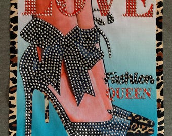 Fashion Queen Iron On Heat Press applique Rhinestone Transfer DIY Magazine Inspired Ready to press or iron on or sew Stellato Shoe Love