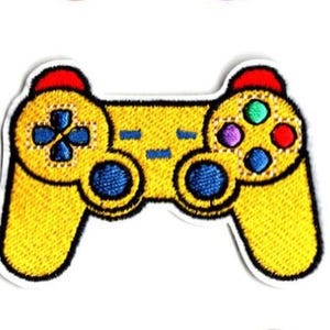 May include: Yellow embroidered video game controller patch with red, blue, and green buttons.
