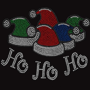 May include: A black background features four Santa hats in red, green, and blue, each outlined in white and silver. The phrase "Ho Ho Ho" is written below in a decorative font, also in white and silver.