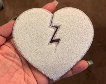 White Heart Patch, Broken Heart, Rhinestone, Heart Chenille, Iron on Patch, DIY, sew on patch, crafts, jacket, clothing, broken hearted