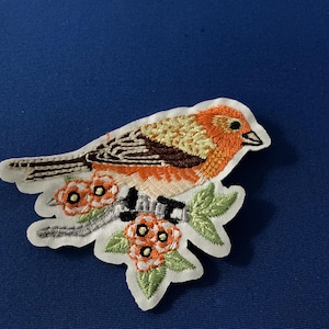 Embroidered Bird Patch, Orange Floral Applique, Iron-On Clothing DIY