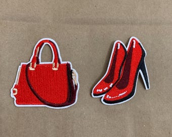 Red heels, Red purse embroidered patch, iron on, stilettos, red and black shoes, Embroidery Patch, Iron On Patches, Sew on Patches