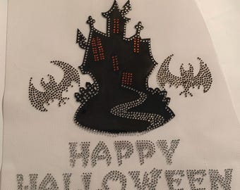 Halloween Patch, Haunted House Rhinestone Iron on Heat Press Crystal MOTIF Crystal Transfer Bling Hot Fix - DIY Shirt Halloween