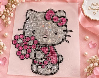 Kitty Rhinestone Heat Transfer Hello Kitty white cat, iron on patch rhinestone crystal, heat transfer