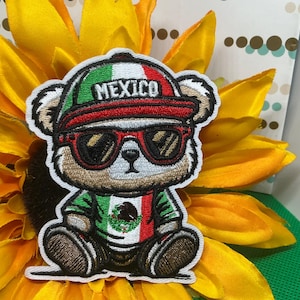 Mexico Bear Embroidered Patch - Cool Teddy Bear with Mexican Flag Cap and Sunglasses Iron-on Applique - Latino Pride Heritage Jersey Badge