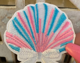Seashell Patch - Blue and Pink - Sea Shell - Embroidered Patch - Iron on Applique - Beach Theme