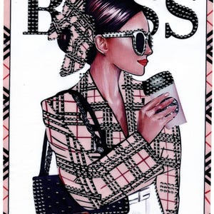 May include: A pink and black plaid blazer with rhinestones, a black handbag with rhinestones, and sunglasses. The word "BOSS" is written in rhinestones above the woman's head.