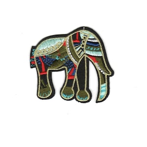 May include: Embroidered iron-on patch of an elephant with a colorful geometric pattern. The elephant is green, blue, red, and gold.