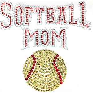 May include: Rhinestone iron-on patch with the words "Softball Mom" and a red and yellow softball design.