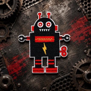 May include: A black, red, and yellow embroidered robot patch featuring two antennae, circular eyes, a jagged mouth, a horizontal chest stripe, a yellow lightning bolt emblem, claw hands, and a red wind-up key on the side of its rectangular body.