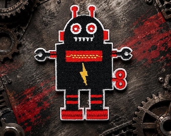 Robot Embroidered Patch – Retro Robot Iron On Applique, Black Red Robot Badge, Kids Clothing Patch, Sci Fi Jacket Backpack Patch