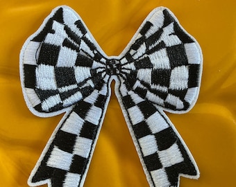 Checkered Flag Bow, Black and White bow, DIY Patch, trendy patches, Embroidery Patch (2.5 x 3”)