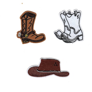 May include: Three embroidered patches featuring a cowboy hat, a brown cowboy boot, and a white cowboy boot.