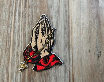 Praying Hands Patch, Rosary Patch Religious Spiritual Embroidered Iron, Christian Patch, religious patch, Iron or Sew, (2Wx3H”)