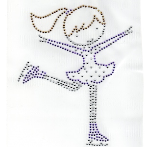 May include: A white fabric patch with a rhinestone design of a girl ice skating. The girl is wearing a purple and silver dress and has brown hair. The rhinestones are silver, purple, and gold.