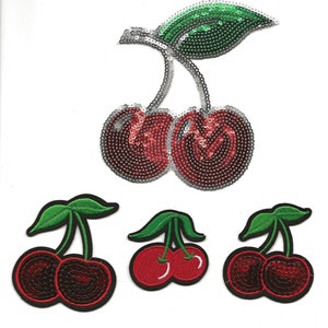 Cherry Fruit Red Embroidery Patch, DIY, Embroidered Applique Motif, Badge, Heat Press, Iron On or Sew On, Craft, Supplies