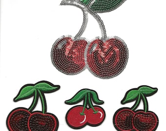 Cherry Fruit Red Embroidery Patch, DIY, Embroidered Applique Motif, Badge, Heat Press, Iron On or Sew On, Craft, Supplies