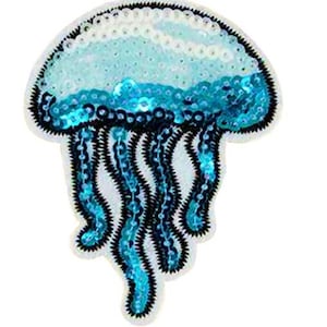 May include: A blue and white sequined jellyfish applique patch. The jellyfish has a round, dome-shaped head and long, flowing tentacles.